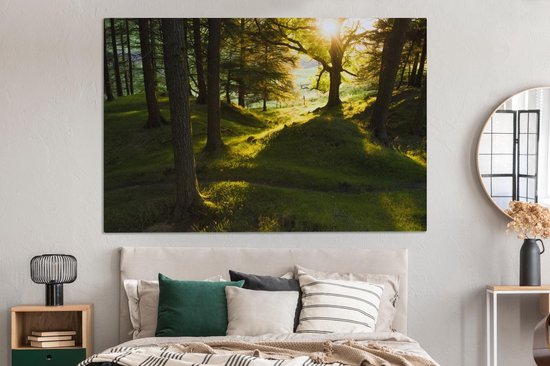Soleil brisant à travers les forêts du parc national de Peak District Toile 180x120 cm - Tirage photo sur toile (Décoration murale salon / chambre) XXL / Groot format!