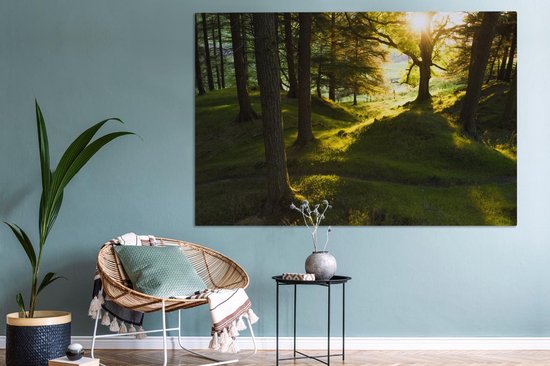 Soleil brisant à travers les forêts du parc national de Peak District Toile 180x120 cm - Tirage photo sur toile (Décoration murale salon / chambre) XXL / Groot format!