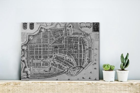 Plan de la ville historique en Zwart et blanc d'Enkhuizen - Carte 40x30 cm - petit - Tirage photo sur toile (Décoration murale salon / chambre)