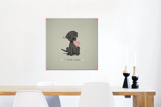 Une illustration d'un chiot noir avec un coeur toile 50x50 cm - Tirage photo sur toile (Décoration murale salon / chambre) / Peintures sur toile Animaux domestiques
