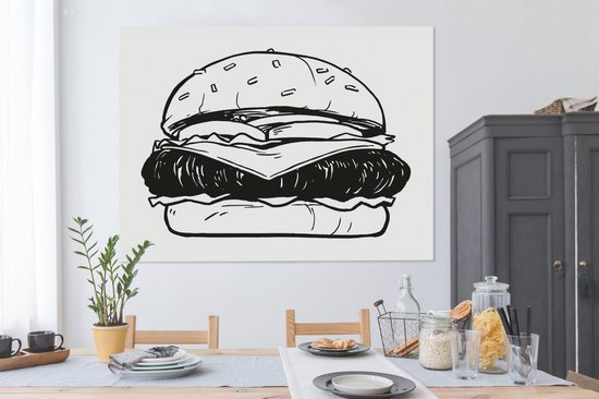 Canvas schilderij 160x120 cm - Wanddecoratie Een illustratie van een cheeseburger - Muurdecoratie woonkamer - Slaapkamer decoratie - Kamer accessoires - Schilderijen