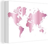 Canvas Wereldkaart - 80x60 - Wanddecoratie Wereldkaart - Roze - Glans