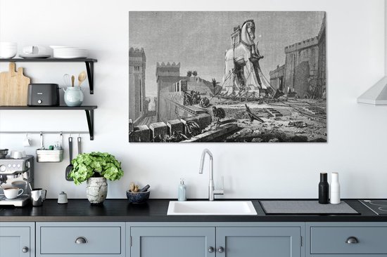 Une illustration antique en noir et blanc de la toile du cheval de Troie 120x80 cm - Tirage photo sur toile (Décoration murale salon / chambre)