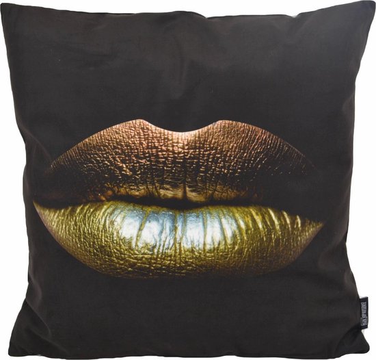 Gold Lips Kussenhoes | Katoen/Polyester | 45 x 45 cm | Zwart / Goud