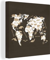 Canvas Wereldkaart - 50x50 - Wanddecoratie Wereldkaart - Wit - Dieren