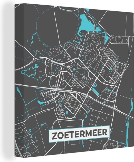 Canvas Schilderij Plattegrond - Zoetermeer - Grijs - Blauw - 20x20 cm - Wanddecoratie