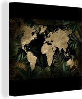 Canvas Wereldkaart - 90x90 - Wanddecoratie Wereldkaart - Goud - Bladeren