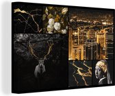 Canvas Schilderij Collage - Meisje met de parel - Bloemen - Goud - 120x80 cm - Wanddecoratie