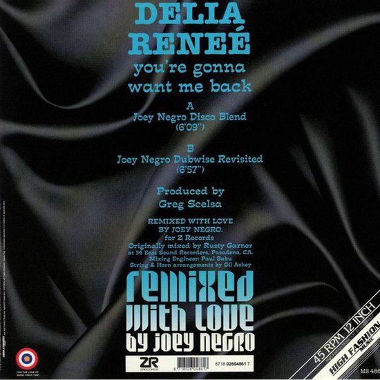 Delia Reneé ‎– You're Gonna Want Me Back  (Joey Negro Remixes) 12″