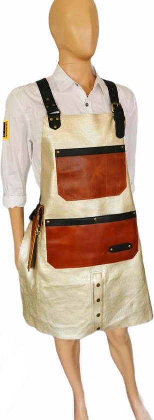 Tablier en cuir - Gouden Gooise, Taille L "Lady's chef '' de luxe '' porte-couteau gratuit. Cuir Goud avec cognac marron foncé. beau cuir souple. tablier de barbecue - tablier