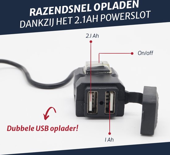 Double connexion USB Moto - 12V 1Ah & 2.1 Ah - avec profondimètre de profil  motor24... | bol.com