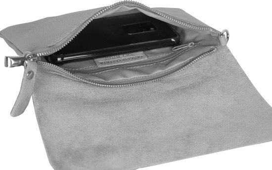 AmbraModa GLX11 - Sac à bandoulière, pochette, sac pour téléphone en cuir véritable avec bandoulière amovible et réglable, adapté aux téléphones portables et tablettes jusqu'à 7 pouces. Argent métallisé
