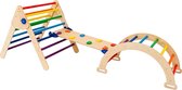 W&H houten speeltoestel voor kinderen - verstelbare klimrek - klimdriehoek met klimwand, glijbaan en klimboog - regenboog kleur