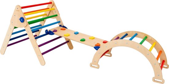 W&H houten speeltoestel voor kinderen - verstelbare klimrek - klimdriehoek met klimwand, glijbaan en klimboog - regenboog kleur