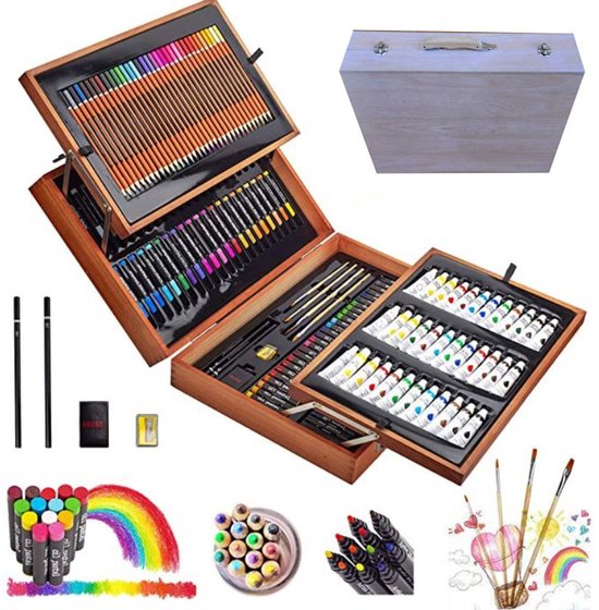 Luxe XL 174 Delige Houten Schilderskoffer - Tekendoos - Tekenkoffer - Schilderskist - Schilderset en Aquarel Tekenset