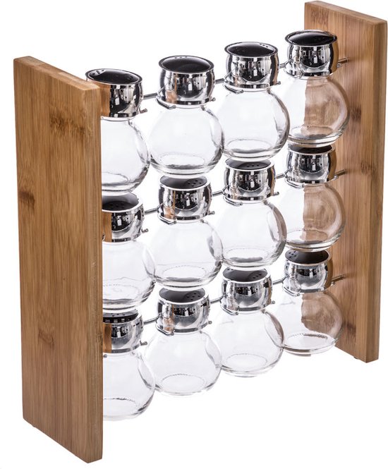 Porte-épices en bambou avec 12 pots en verre, sur fond blanc.