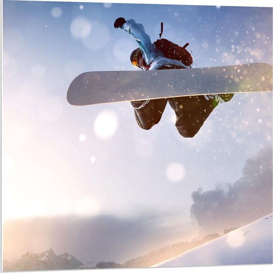 Forex - Achteraanzicht van Snowboarder - 80x80cm Foto op Forex