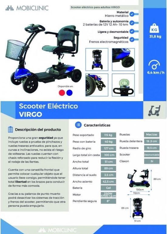 Mobiclinic Virgo - Elektrische Scootmobiel - Tot 10 km bereik - Verminderde mobiliteit - 4 wielen - Compact - 12V - Met een 250W motor - Mobiliteitsscooter - Lichtgewicht - Blauw