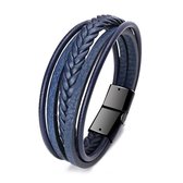 Sorprese - armband - heren - 5 snoeren - leer - volledig blauw - zwarte sluiting - armband mannen - 21 cm - V - Cadeau