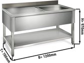 Spoeltafel met bodemplaat 1,2m - 1 spoelbak rechts L 50 x B 50 x D 25 cm | GGM Gastro