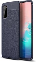 Samsung S20 Hoesje Shock Proof Siliconen Hoes Case | Back Cover TPU met Leren Textuur - Blauw