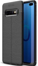 Samsung S10 Plus Hoesje Shock Proof Siliconen Hoes Case | Back Cover TPU met Leren Textuur - Zwart