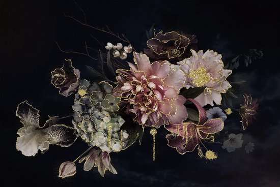 Glasschilderij  - 80 x 120 cm  - bloemen - paars - lila - goud - Bloemen met Gouden tinten