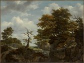 Kunst: Landschap met brug, vee en mensen van Jacob Van Ruisdael. Schilderij op canvas, formaat is 30X45 CM