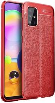 Samsung A51 Hoesje Shock Proof Siliconen Hoes Case | Back Cover TPU met Leren Textuur - Rood