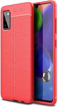 Samsung A41 Hoesje Shock Proof Siliconen Hoes Case | Back Cover TPU met Leren Textuur - Rood