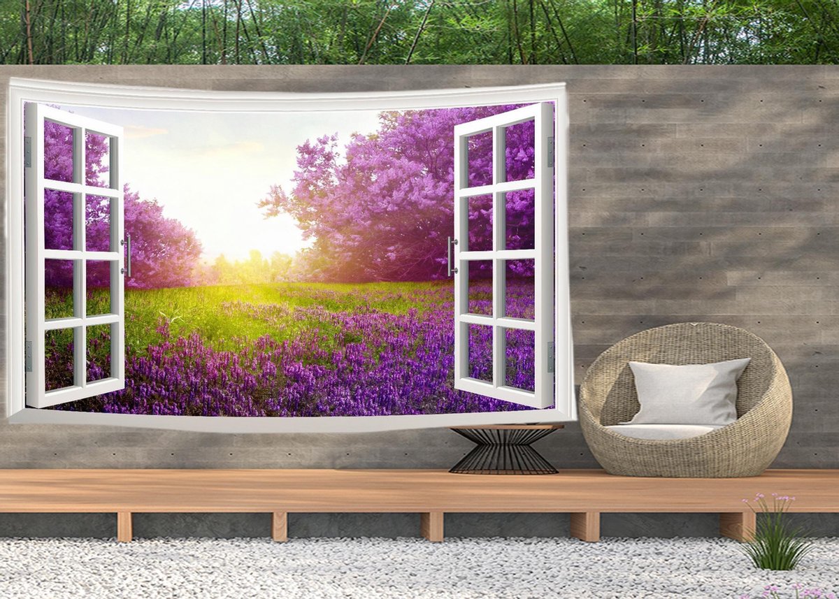 Ulticool Wandkleed 200x150 cm – Doorkijk Bloemen Lavendel Natuur Paars – Met Bevestigingspinnen - voor Binnen / Buiten - Tuinposter Wandtapijt voor Moeders