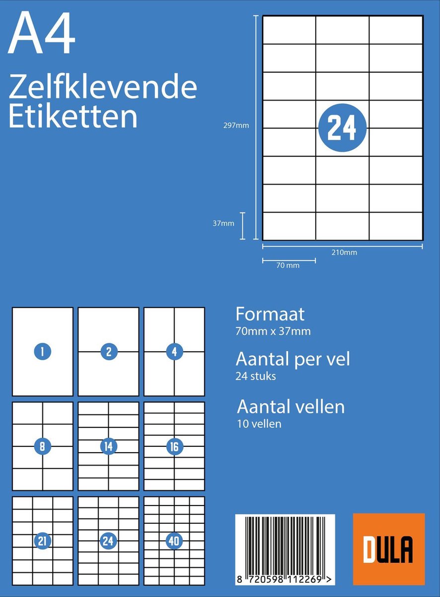 DULA Etiketten - Stickervellen A4 - 24 stickers per vel - 70 x 37 mm - 10 vel — afbeelding 3