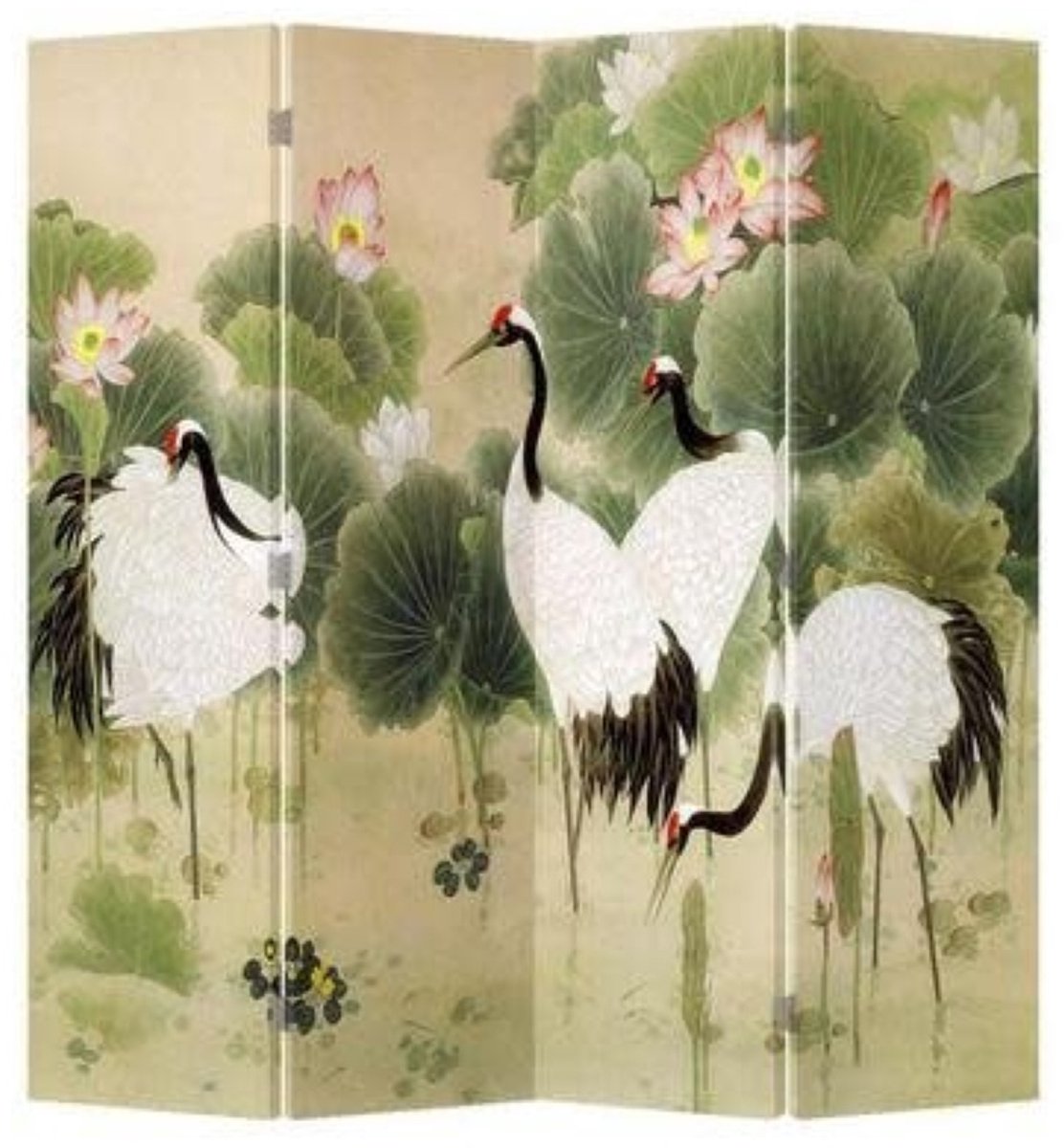 Fine Asianliving Chinees Kamerscherm Oosters Scheidingswand B160xH180cm 4 Panelen Kraanvogels Lotus Tuin Multicolour, Naturel