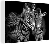 Canvas Schilderij zebra met haar jong op zwarte achtergrond - 120x90 cm - Wanddecoratie
