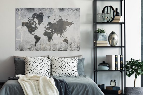Wereldkaart avec motif béton gris foncé décorée d'illustrations de fleurs 140x90 cm
