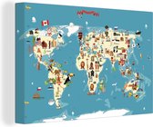 Canvas Wereldkaart - 150x100 - Wanddecoratie Wereldkaart Kinderen - Aarde - Symbolen