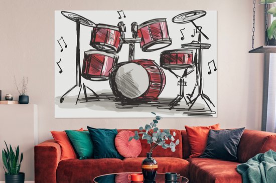 Canvas schilderij 180x120 cm - Wanddecoratie Illustratie van een tekening van een drumstel - Muurdecoratie woonkamer - Slaapkamer decoratie - Kamer accessoires - Schilderijen op canvas