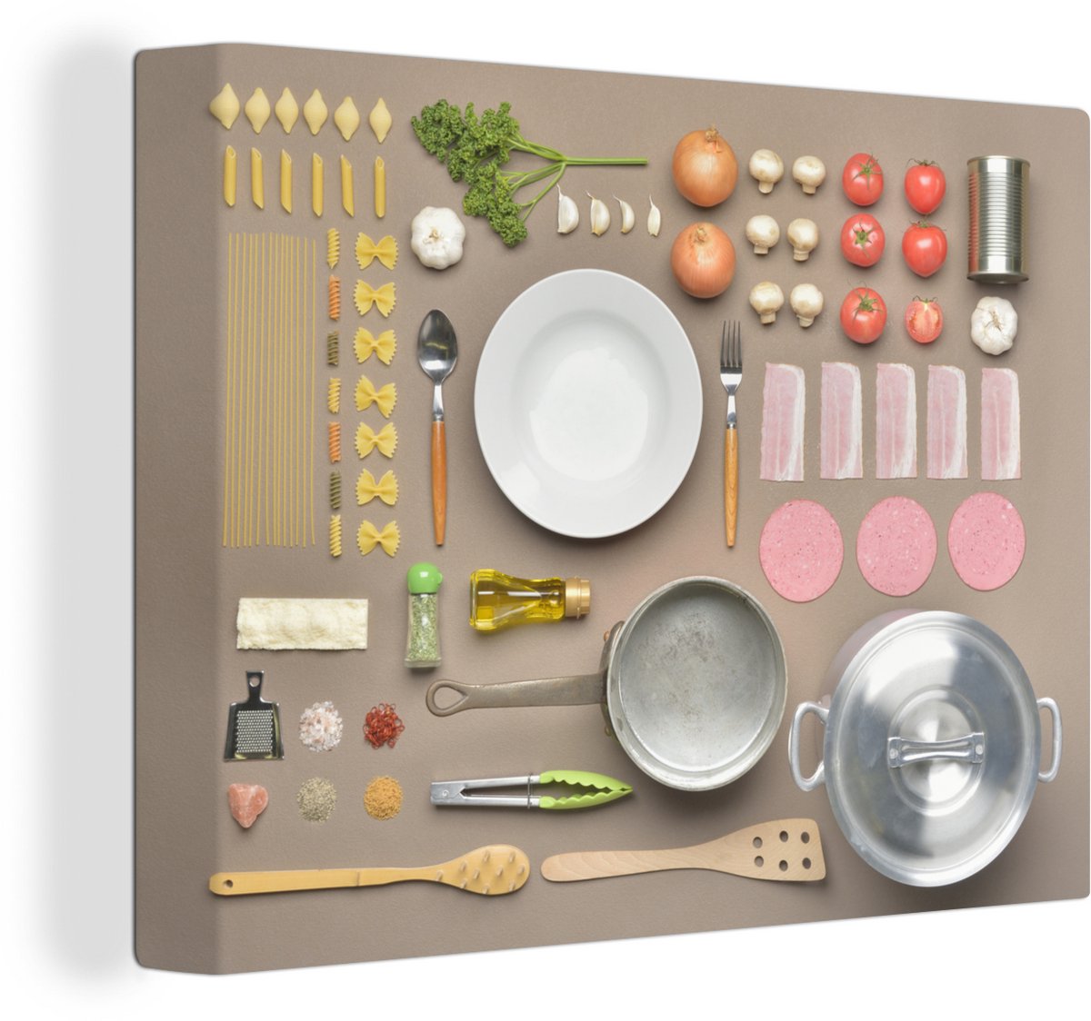 Canvas Schilderij Knolling - verzameling van Italiaans eten en kookgerei - 40x30 cm - Wand