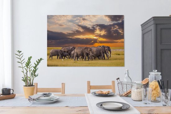 Troupeau d'éléphants au bord d'un lac toile 2cm 140x90 cm - Tirage photo sur toile peinture (Décoration murale salon / chambre) / animaux sauvages Peintures sur toile