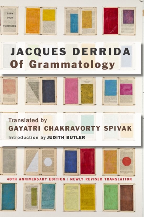 Couverture du livre 'Of Grammatology' de Jacques Derrida, avec un collage de rectangles colorés et des fragments de texte sur des pages.