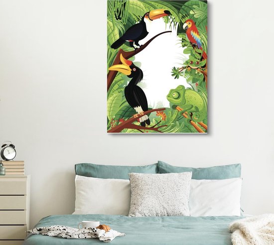 Une illustration vectorielle d'une forêt tropicale avec des toucans sur toile 120x160 cm - Tirage photo sur toile (Décoration murale salon / chambre) XXL / Grand format!