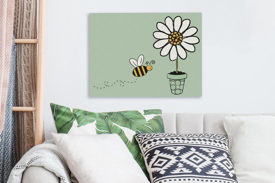 Une illustration d'une abeille volant vers une toile fleur blanche 40x30 cm - petit - Tirage photo sur toile (Décoration murale salon / chambre) / animaux sauvages Peintures sur toile