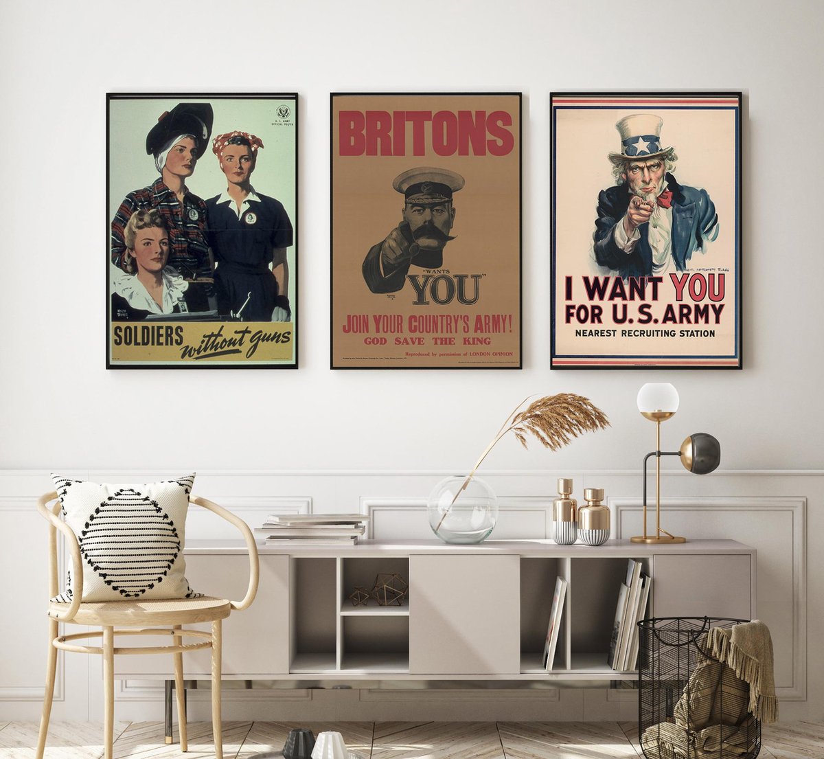 Esque Fotowand Vintage Propaganda Wereldoorlogen - Poster Set van 3 - Uncle Sam - Poster Multicolor