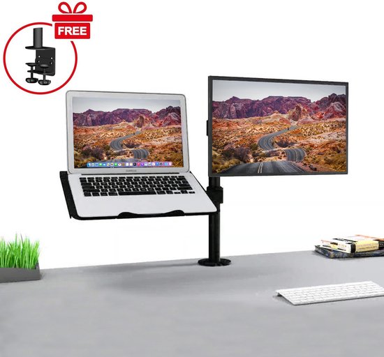 Säkert ® – Monitor arm laptop en scherm (tot 32 inch) – Monitor beugel ook geschikt voor 2 schermen – Voor bureau bevestiging – Zwart