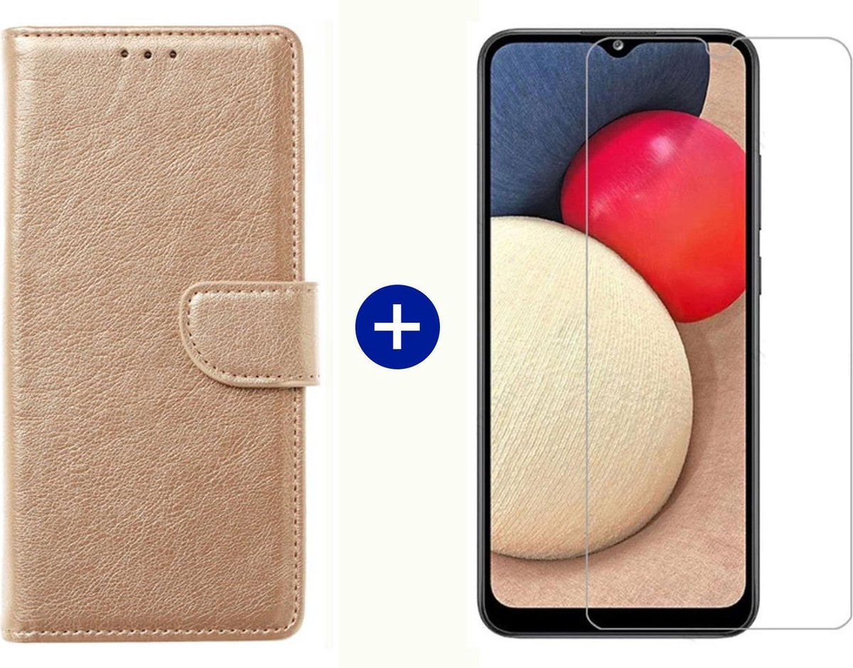 BixB Samsung A02s hoesje - Samsung Galaxy A02s screenprotector - BookCase Wallet - Goud