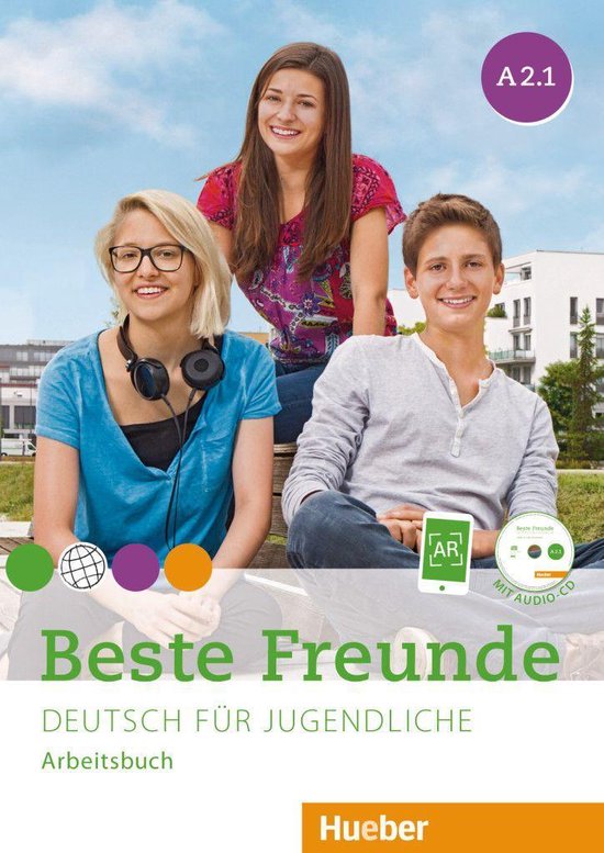 Trois adolescents assis dehors. Le texte "Beste Freunde A 2.1" est sur l'image.