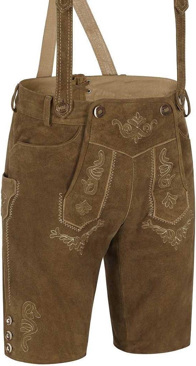 Hofglanz Korte klederdrachtbroek voor heren, hoogwaardige klederdrachtbroek met bretels, traditionele echt lederen broek voor Oktoberfest, comfortabel en robuust, maten 46-58, donkerbruin, 58