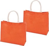 2x stuks jute oranje boodschappentassen 42 cm - Shoppers