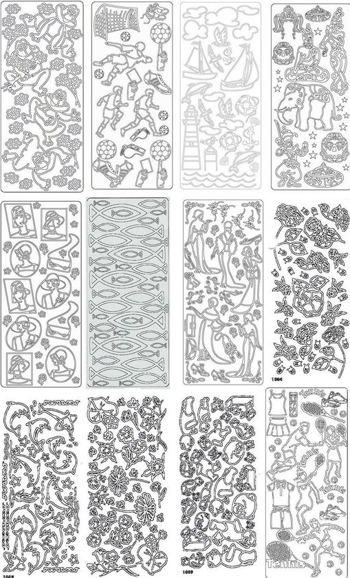 Peel-Off Stickervellen Set nr.8 - 12 Stuks - Verschillende Afbeeldingen - Goudkleurig
