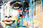 JJ-Art (Glas) | Vrouw, gezicht, oog blauw en rode lippen in abstracte olieverf look | modern, rood, blauw, geel, groen | Foto-schilderij-glasschilderij-acrylglas-acrylaat-wanddecoratie | KIES